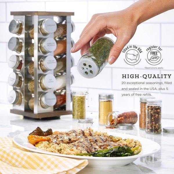 Kamenstein 20 Jar Vintage Revolving Countertop Spice Rack Organizer with Spices Included, FREE Spice Refills for 5 Years, Wood and Stainless Steel with Metal Caps - Image 2