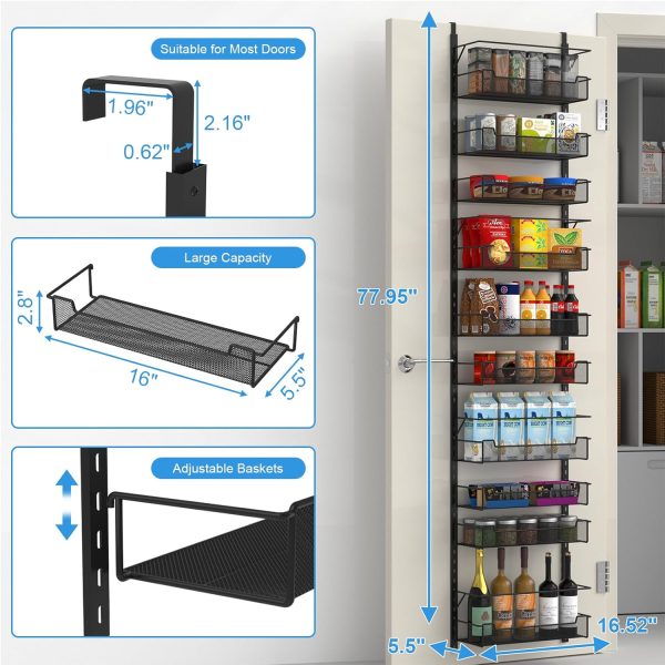 Over the Door Pantry Organizer, 10-Tier Over the Door Organizer with Adjustable Basket, Pantry Door Organization for Pantry Kitchen Storage Room Spice Rack, Black - Image 2